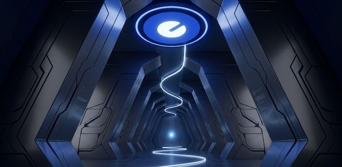 A futuristic, dark-toned hallway with sleek metallic walls and glowing cobalt blue accents, featuring a luminous geometric path leading toward a central light.jpeg