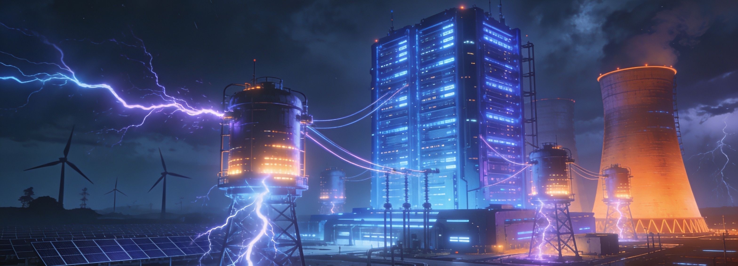 A futuristic wide‑angle scene of compact nuclear micro reactors powering a glowing AI data center under a stormy night sky, with distant wind turbines and solar panels in the background