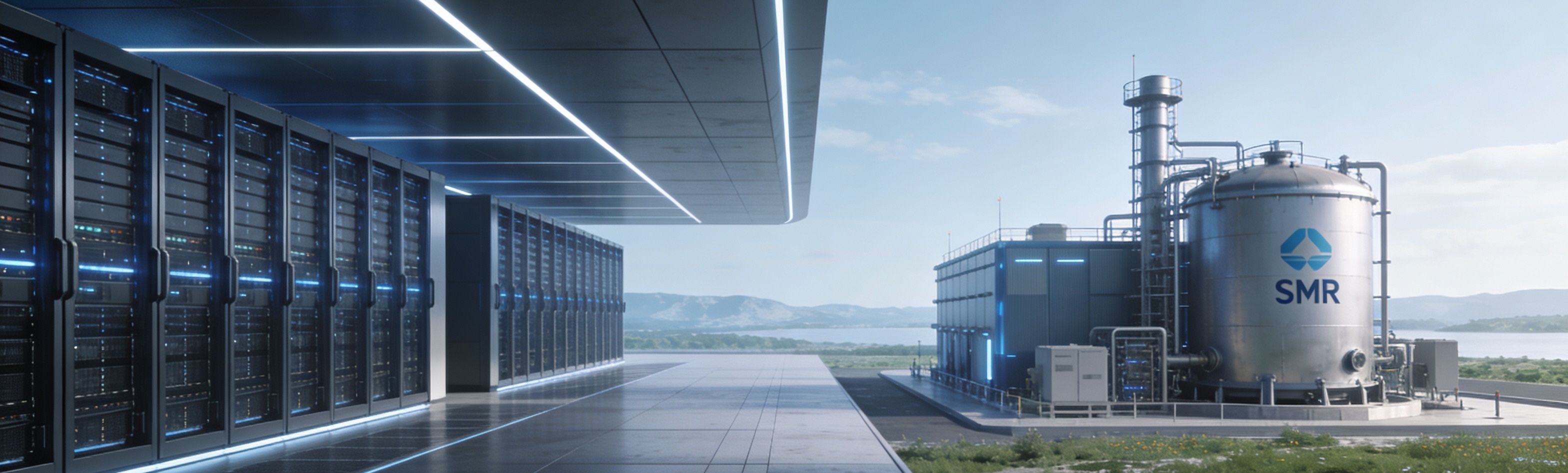 A sleek data center complex powered by advanced modular nuclear reactors in a clean, high-tech landscape.