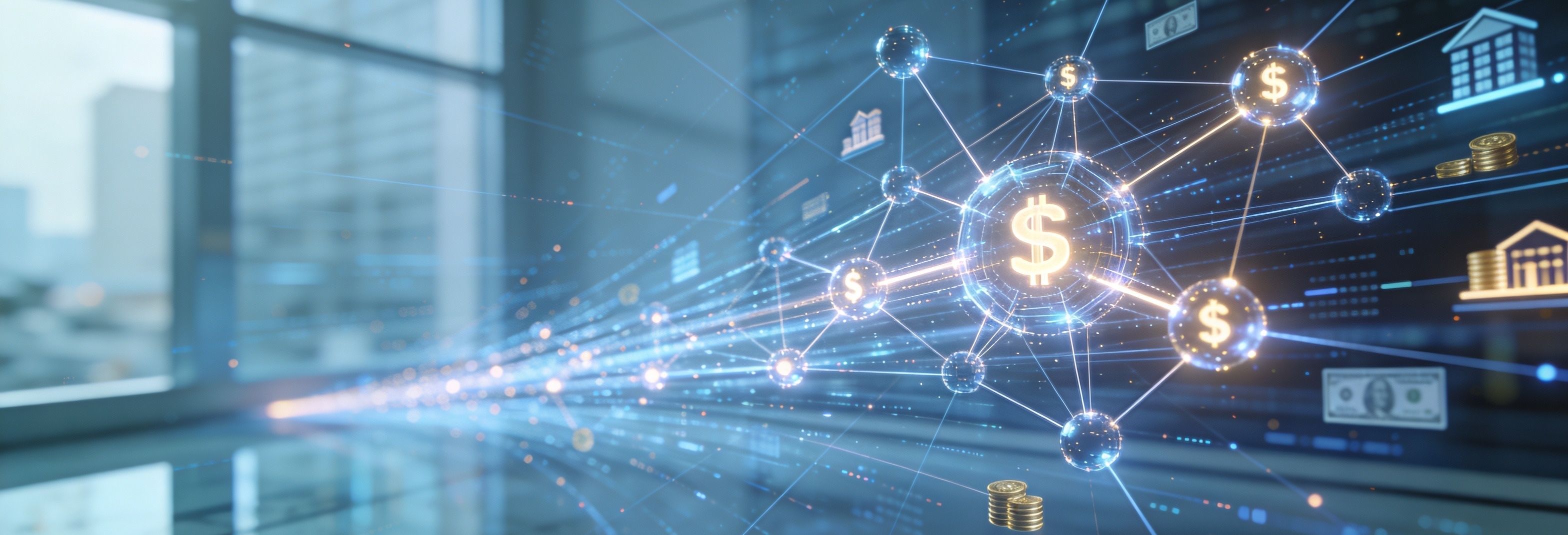 A sleek digital network of glowing nodes and data lines representing rapid growth in real-world asset tokenization within a professional corporate setting