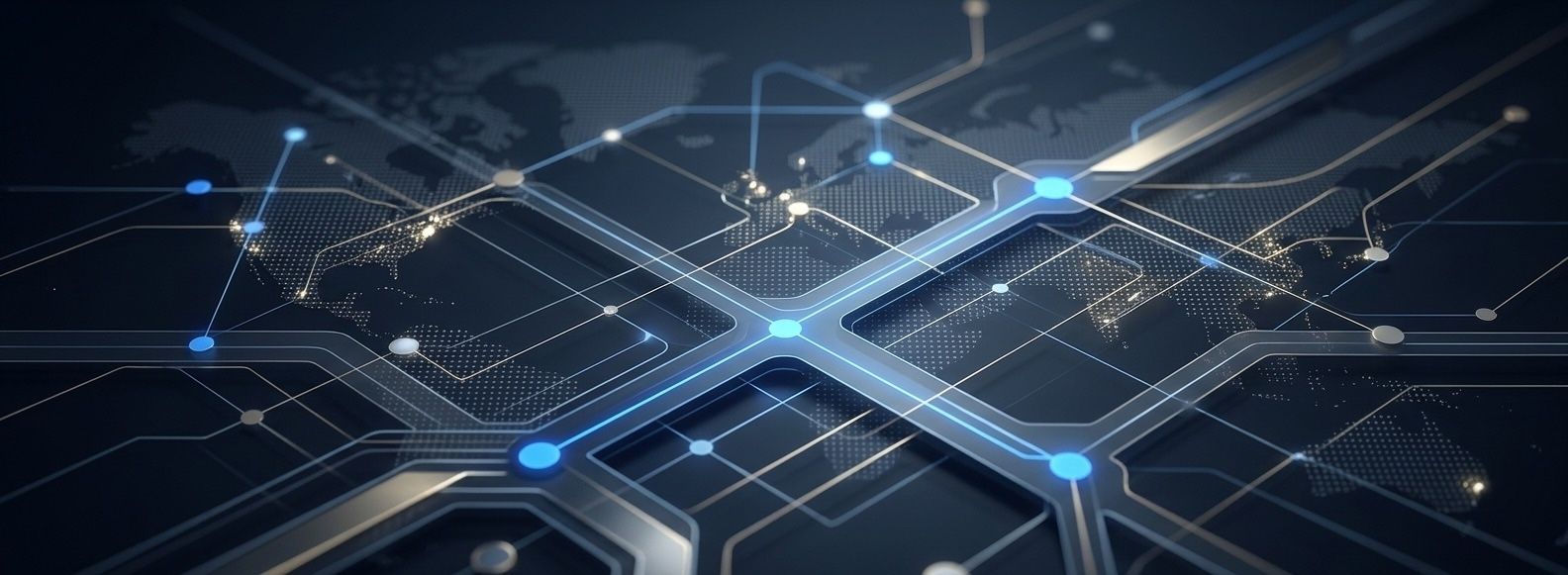 A wide, high-tech fintech banner with a network of glowing blue nodes and geometric pathways across a dark world map.