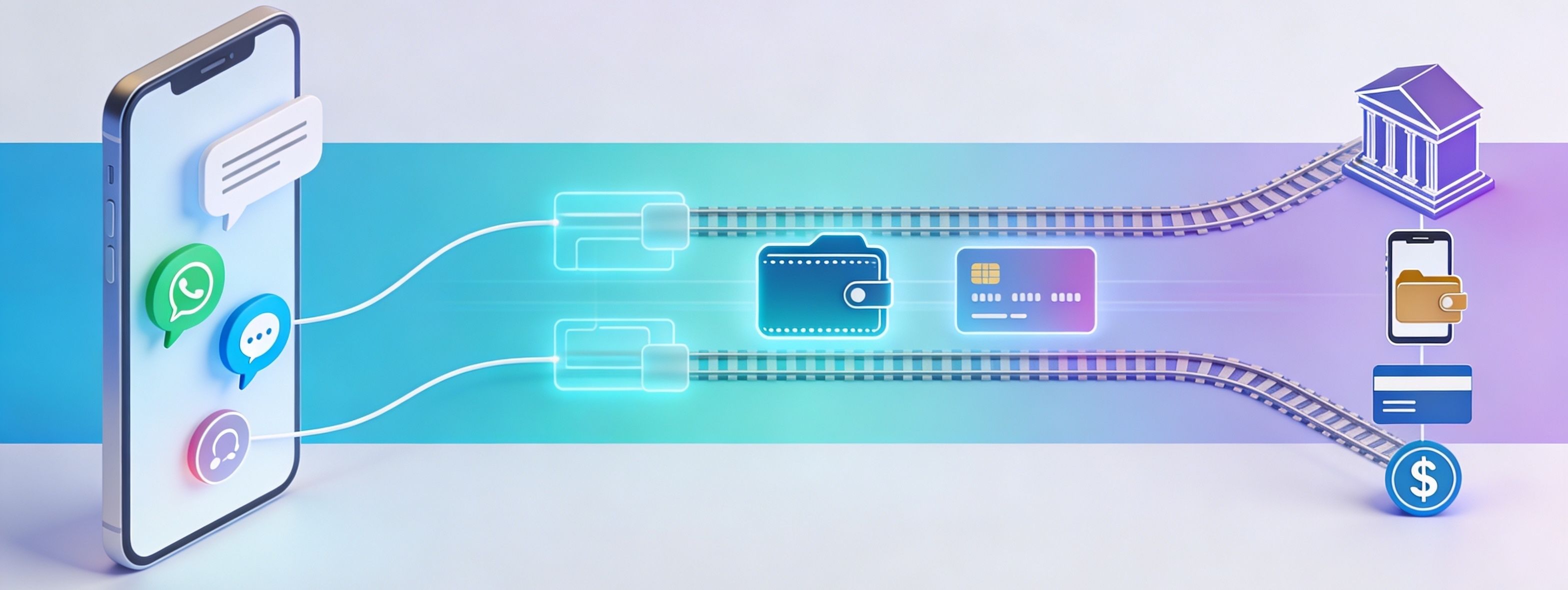 Abstract banner showing social and messaging apps connected to modern payment rails that move money from chats to wallets, cards, banks, and cash pickup points.