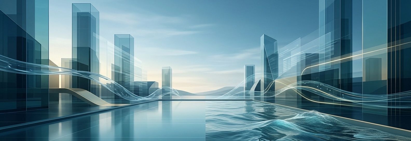 An abstract futuristic city with a split water surface, moving from smooth to wavy, under digital light streams
