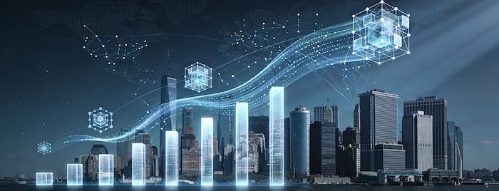 Futuristic financial city with glowing data bars symbolizing growth of tokenised real‑world assets and institutional adoption.jpeg
