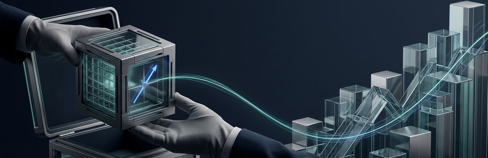 Professional wide banner for Vault, featuring elegant, interlocking structures that symbolize secondary buyout strategy, strategic alignment, and growth catalyst