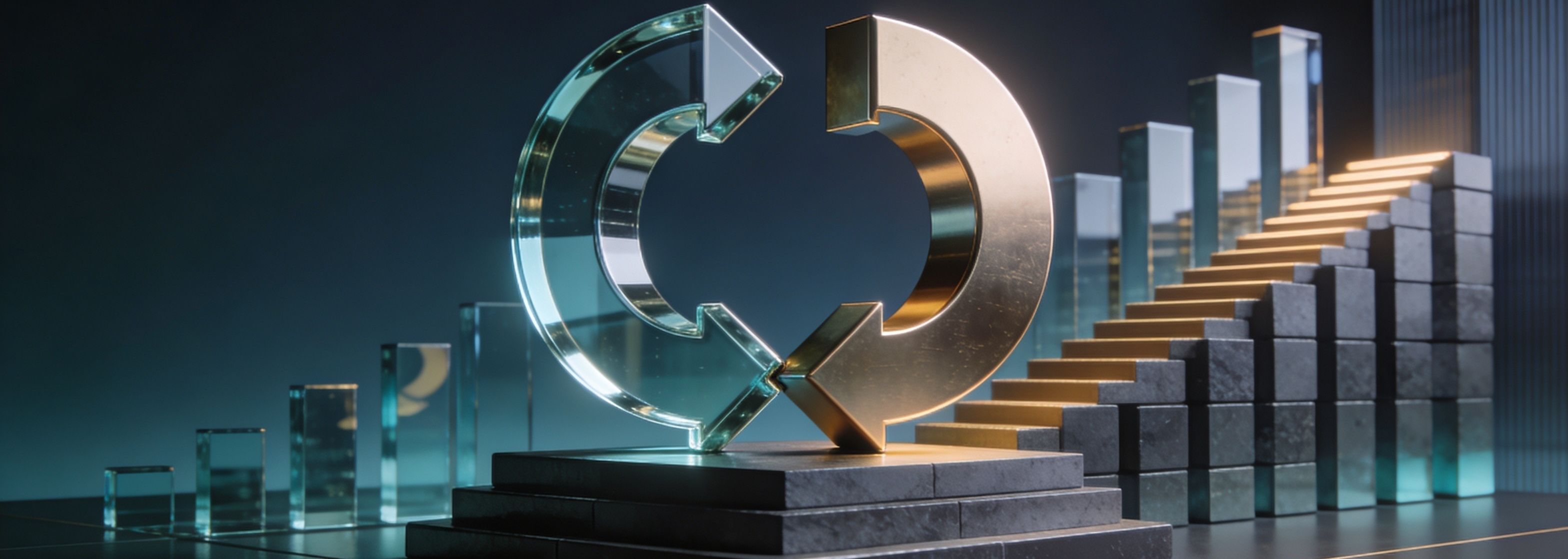Professional wide banner illustrating secondary buyouts with elegant, interlocking glass and metal structures representing strategic equity transfer and growth